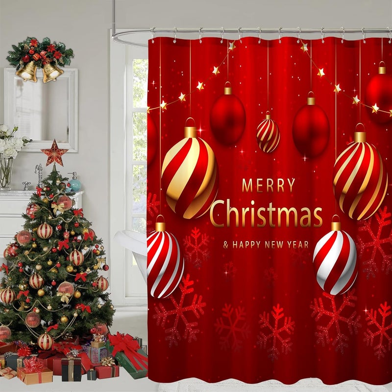 YOSTEV Christmas Shower Curtain, Red Balls Christmas Snowflakes Shower Curtains for Bathroom, Winter Holiday Xmas Funny Glitter Sparkle Fabric Cloth Bath Curtain Decoration, 72x72 Inch - Image 1